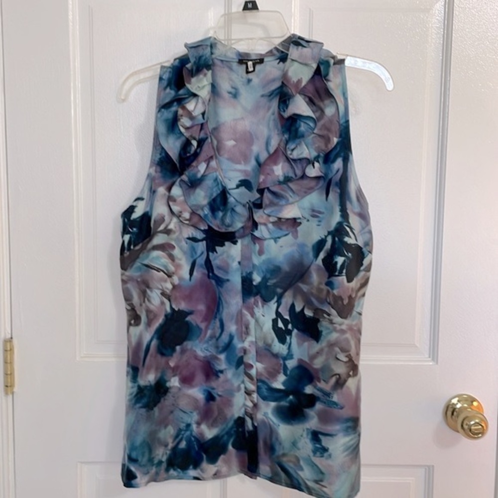 Ann Taylor Silk Button Front Ruffle Neck Blue and Navy Floral Sleeveless Blouse